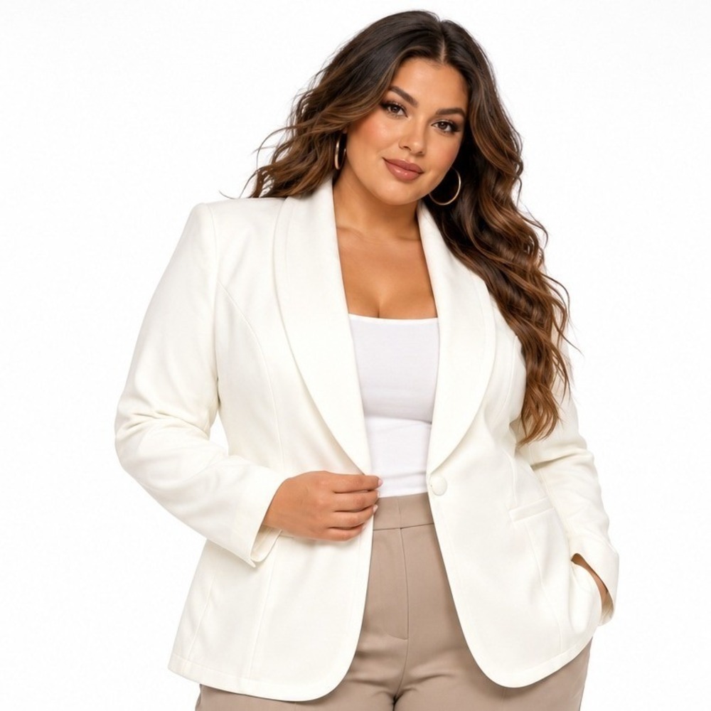 Ashro Womens White Single Button Shawl Collar Blazer Jacket Plus Size 18W